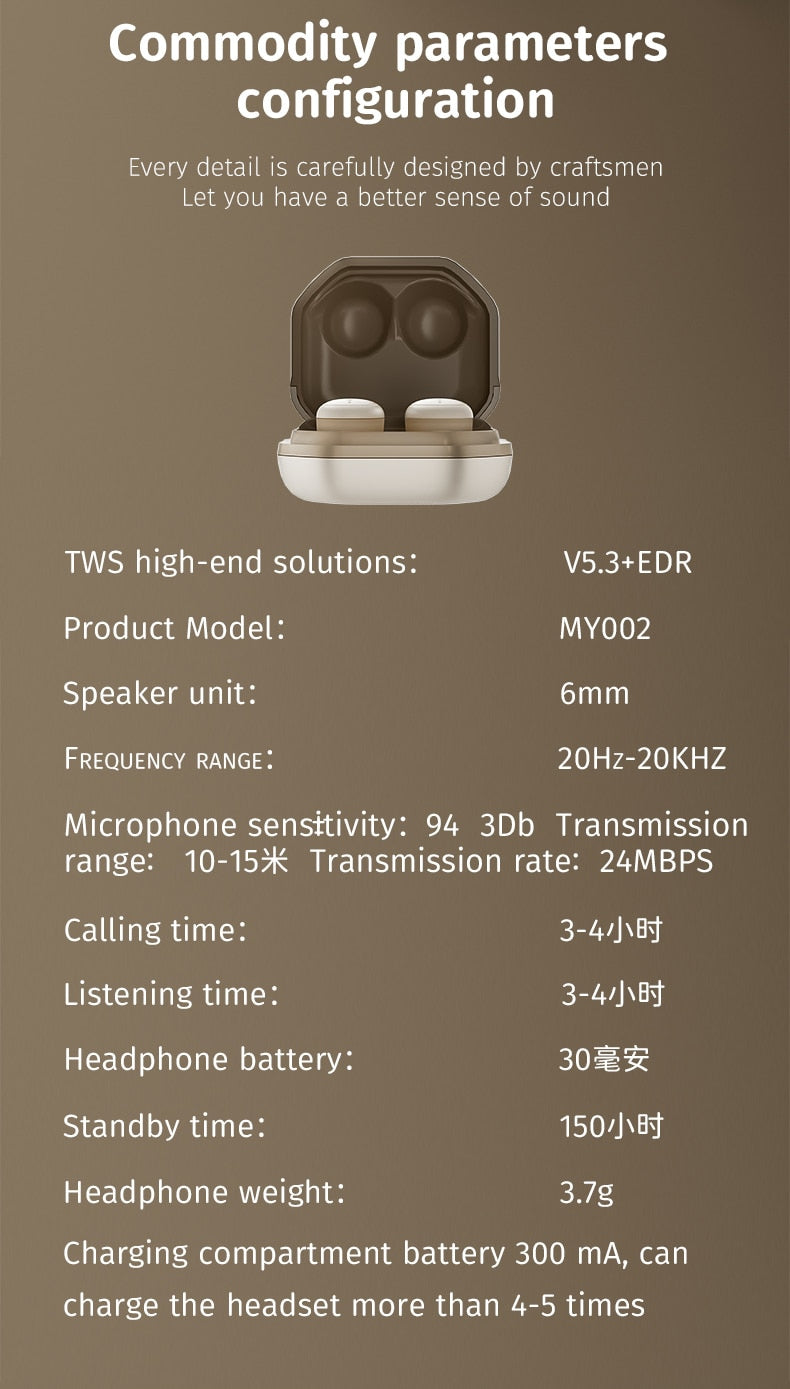 Trådløse støyreduserende øretelefoner, Bluetooth 5.3, trykk på kontroll, usynlig, vanntett