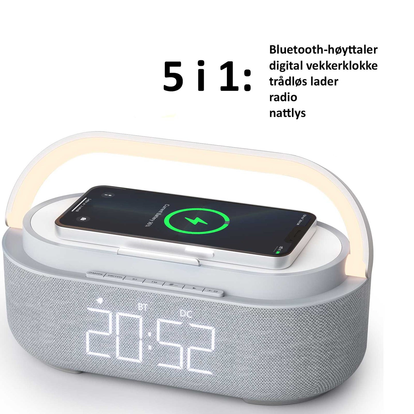 5 i 1: Bluetooth-høyttaler, digital vekkerklokke, trådløs lader, radio, nattlys