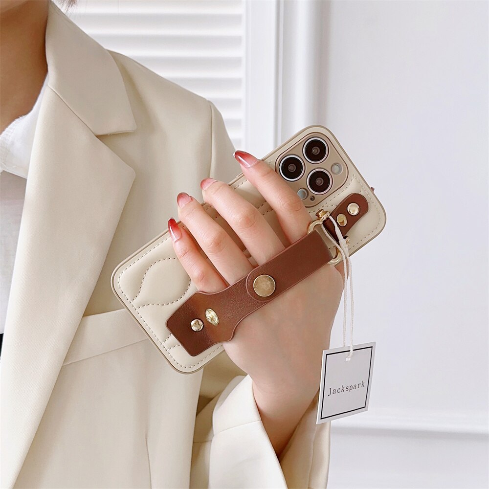 Luksus telefondeksel i skinn med armbånd for IPhone 12 13 14 15 Pro Max Plus