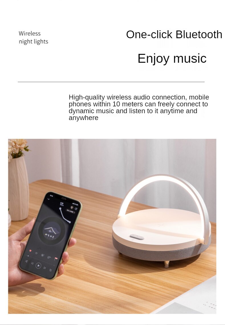 3 i 1: Bluetooth-høyttaler, trådløs lader, nattlys