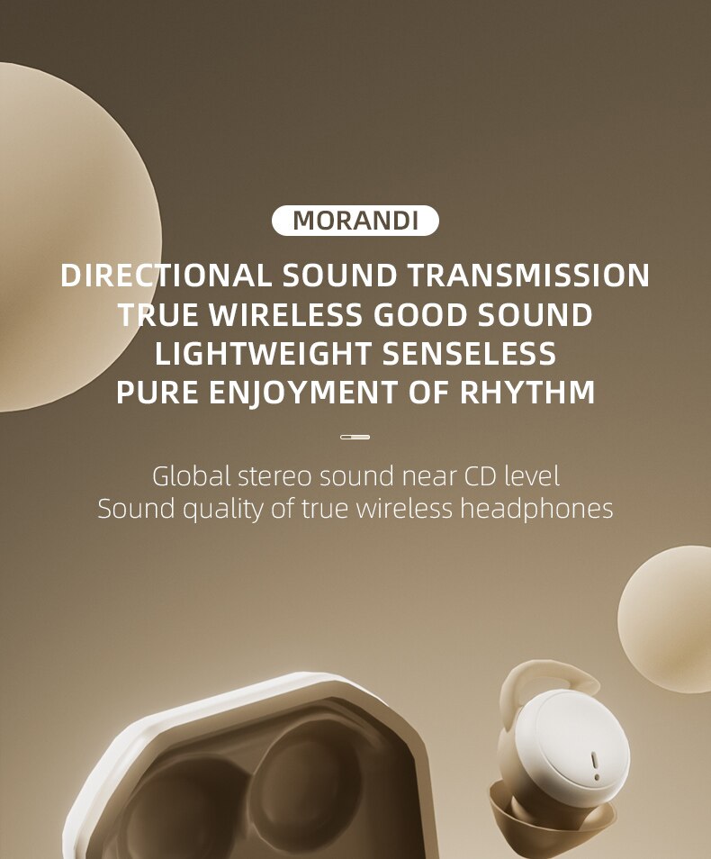 Trådløse støyreduserende øretelefoner, Bluetooth 5.3, trykk på kontroll, usynlig, vanntett