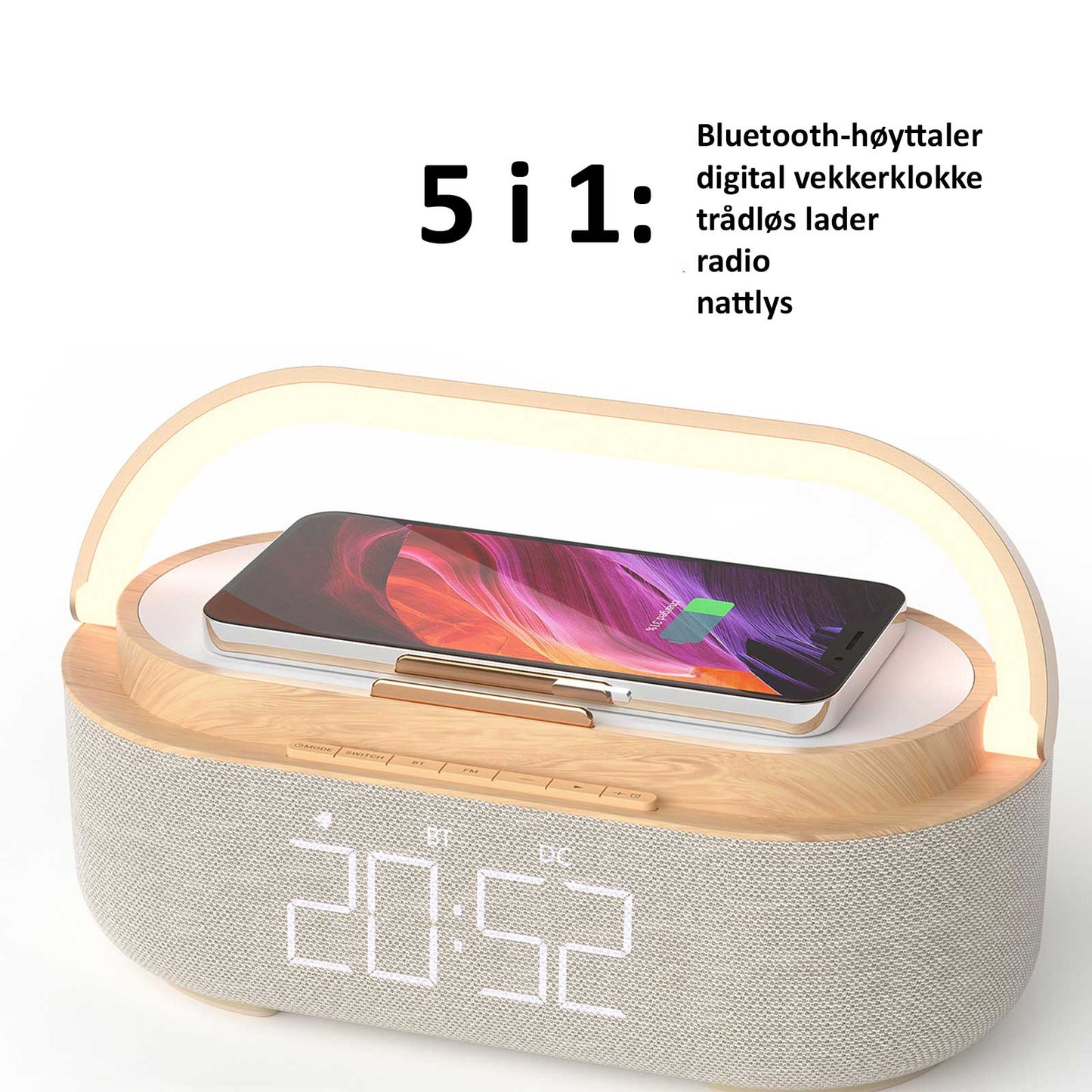 5 i 1: Bluetooth-høyttaler, digital vekkerklokke, trådløs lader, radio, nattlys